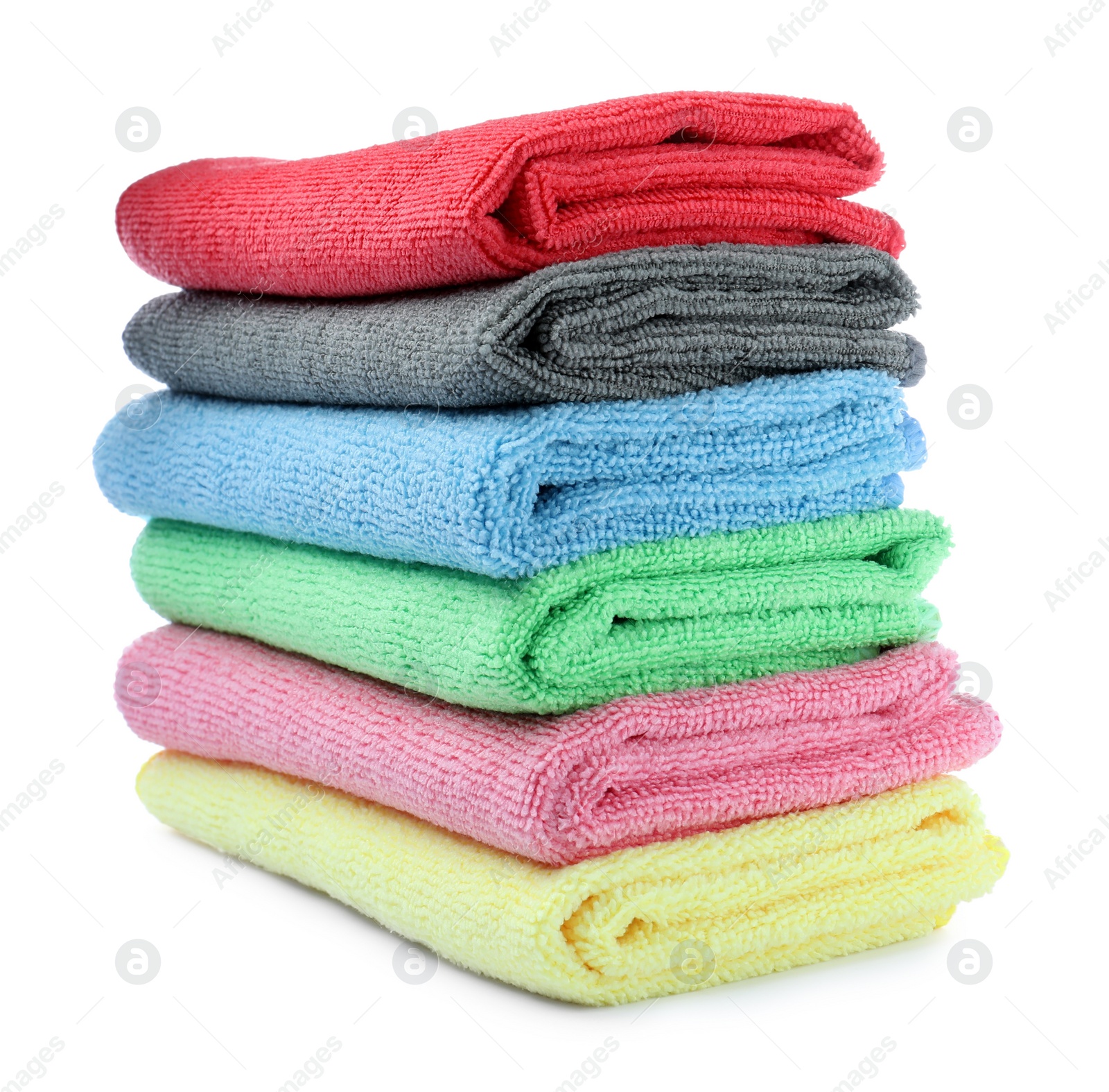 Photo of Many colorful microfiber cloths on white background