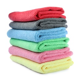 Photo of Many colorful microfiber cloths on white background