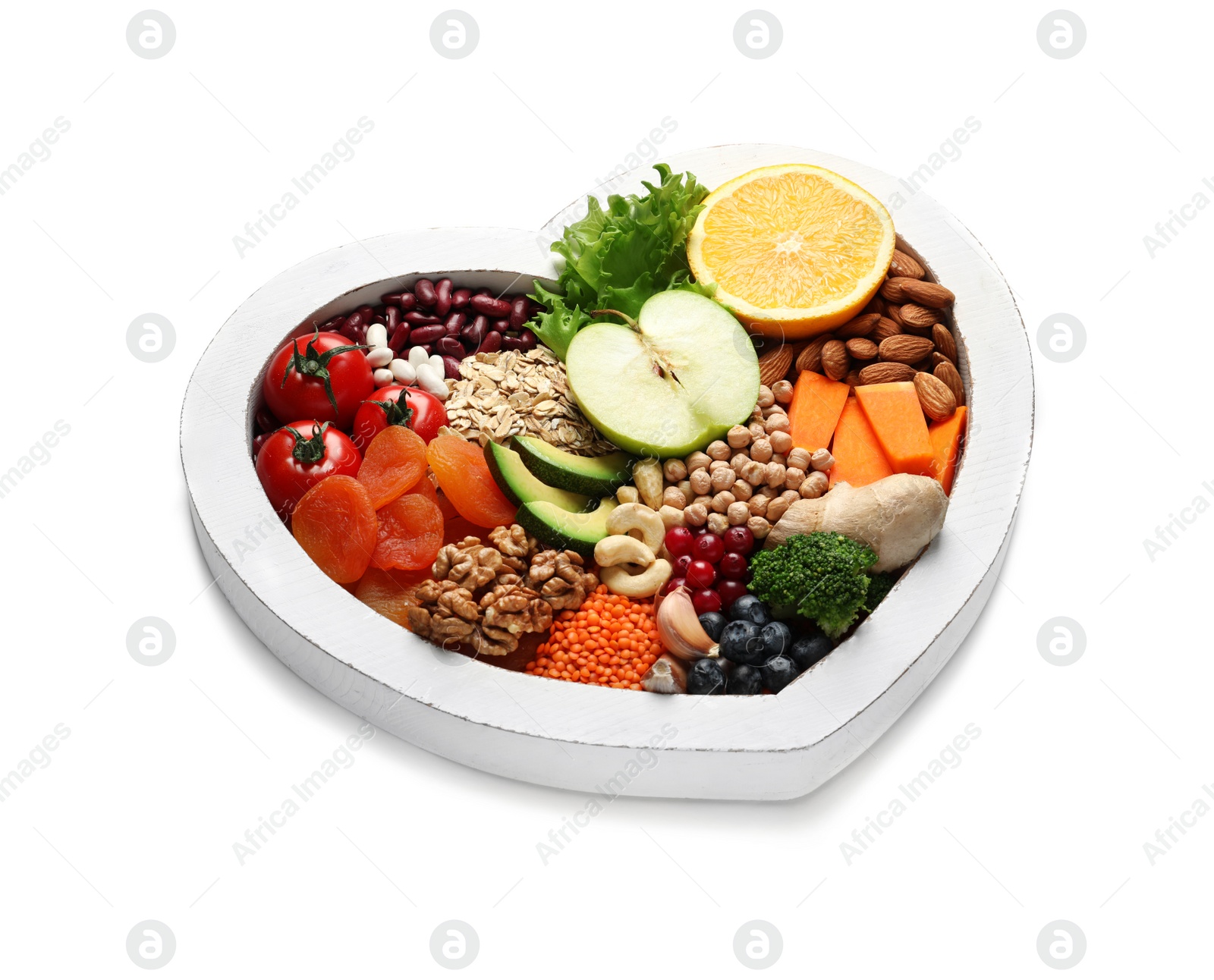 Photo of Heart shaped tray with healthy products on white background