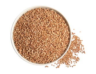 Photo of Bowl with uncooked buckwheat on white background, top view