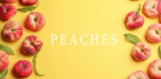 Image of Fresh flat peaches on yellow background, top view. Banner design