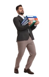 Photo of Stressful man with folders walking on white background