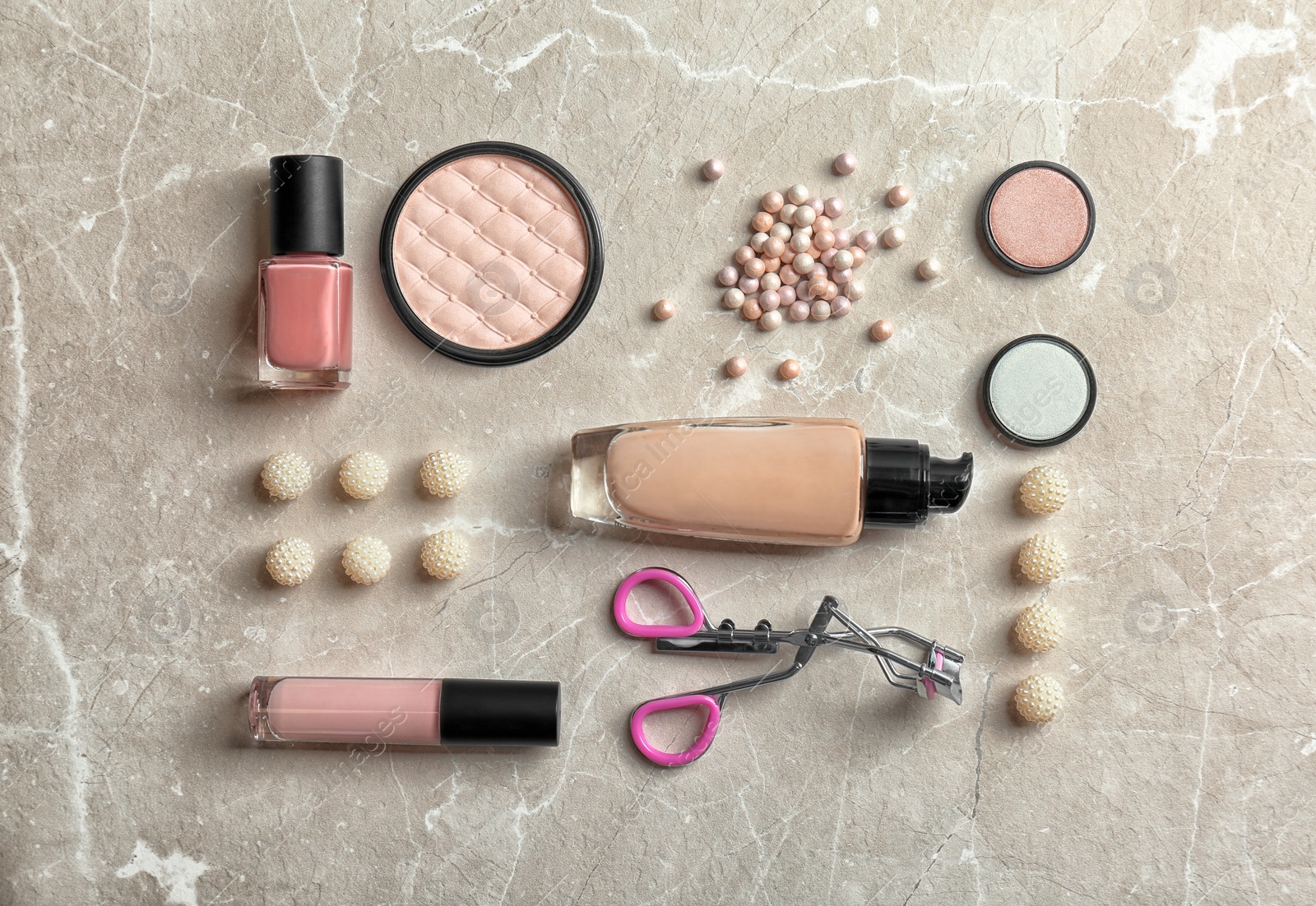 Photo of Flat lay composition with cosmetic products on grey background