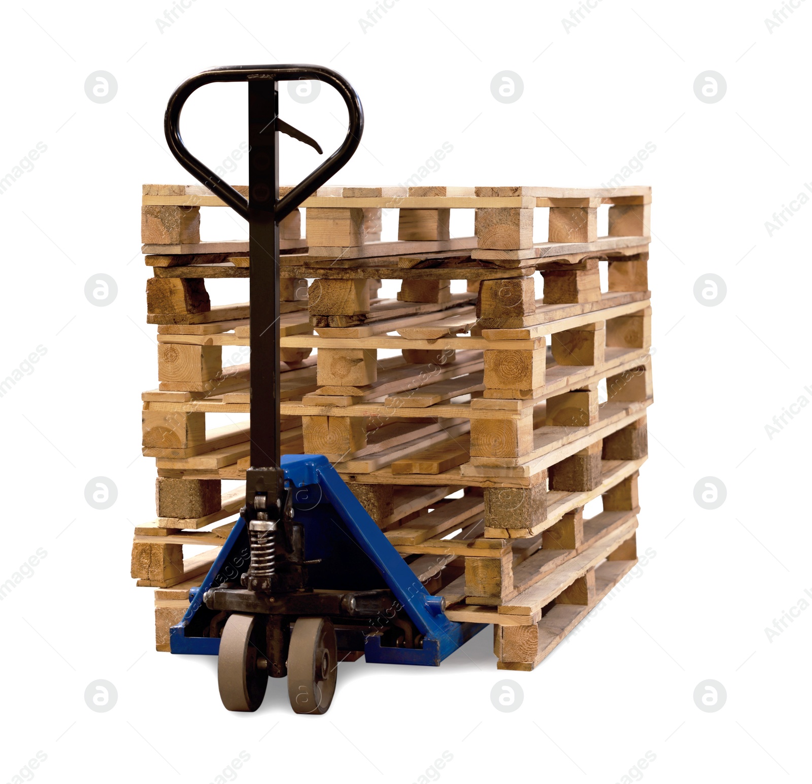 Image of Modern manual forklift with wooden pallets on white background