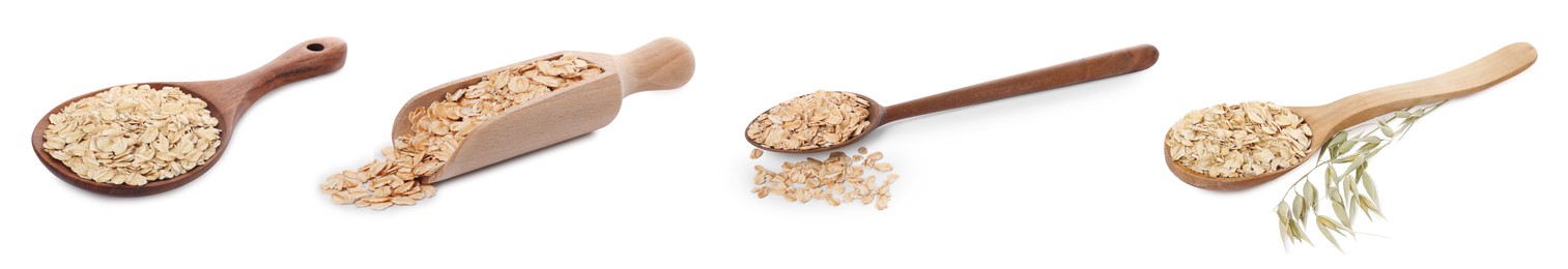 Image of Rolled oats in scoop and spoons isolated on white, collection