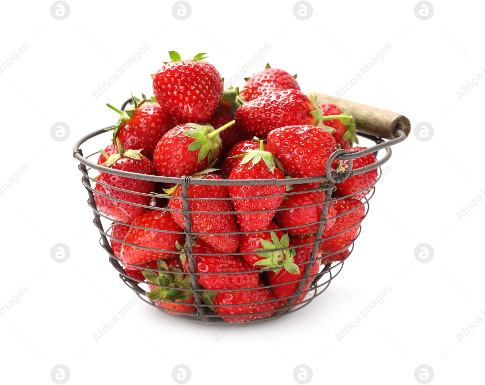 Photo of Ripe strawberries in metal basket isolated on white