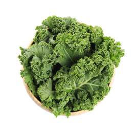 Fresh green kale leaves isolated on white, top view