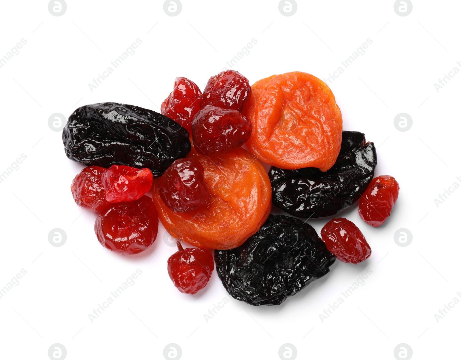 Photo of Mix of delicious dried fruits isolated on white, top view