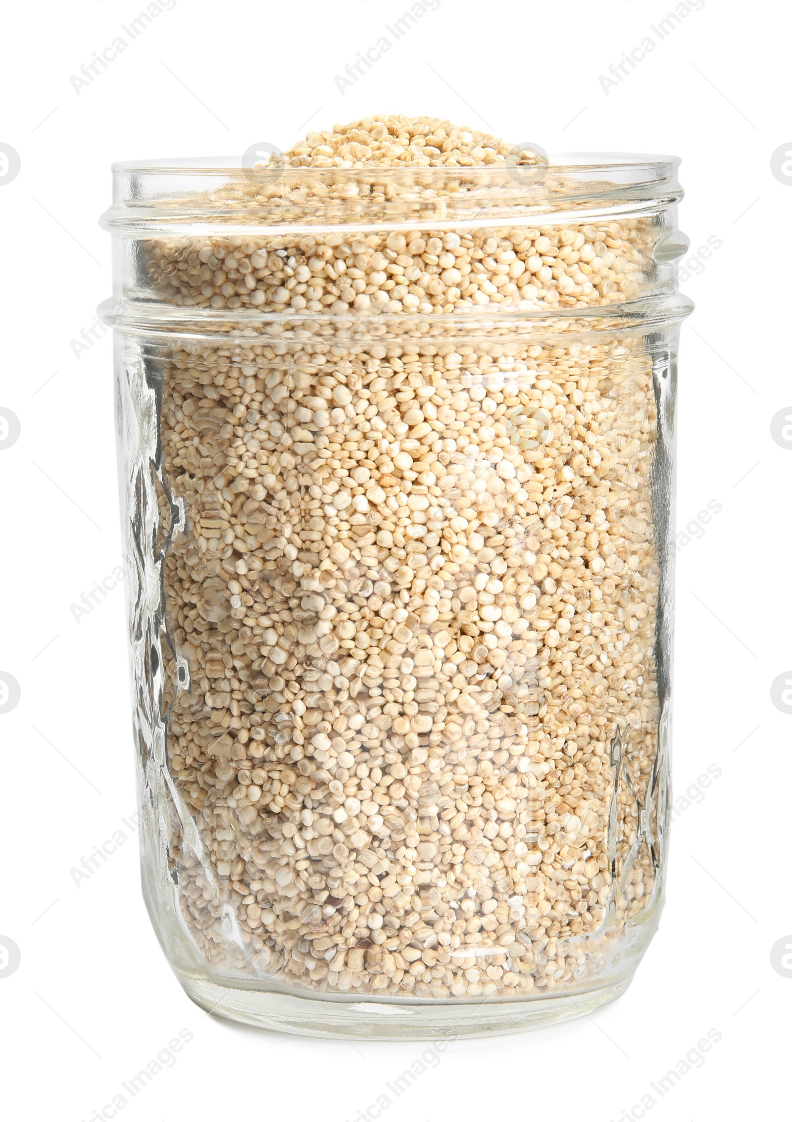 Photo of Glass jar with quinoa on white background