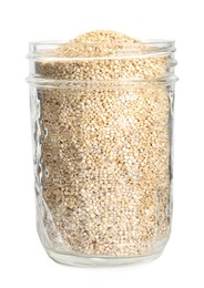 Photo of Glass jar with quinoa on white background