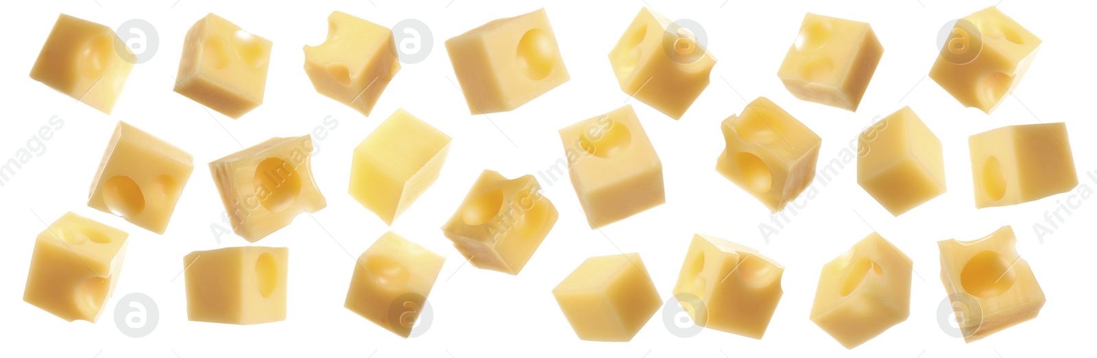 Image of Collage with cubes of cheese falling on white background. Banner design