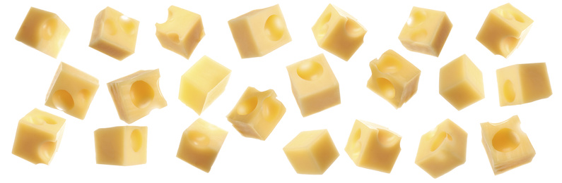 Collage with cubes of cheese falling on white background. Banner design