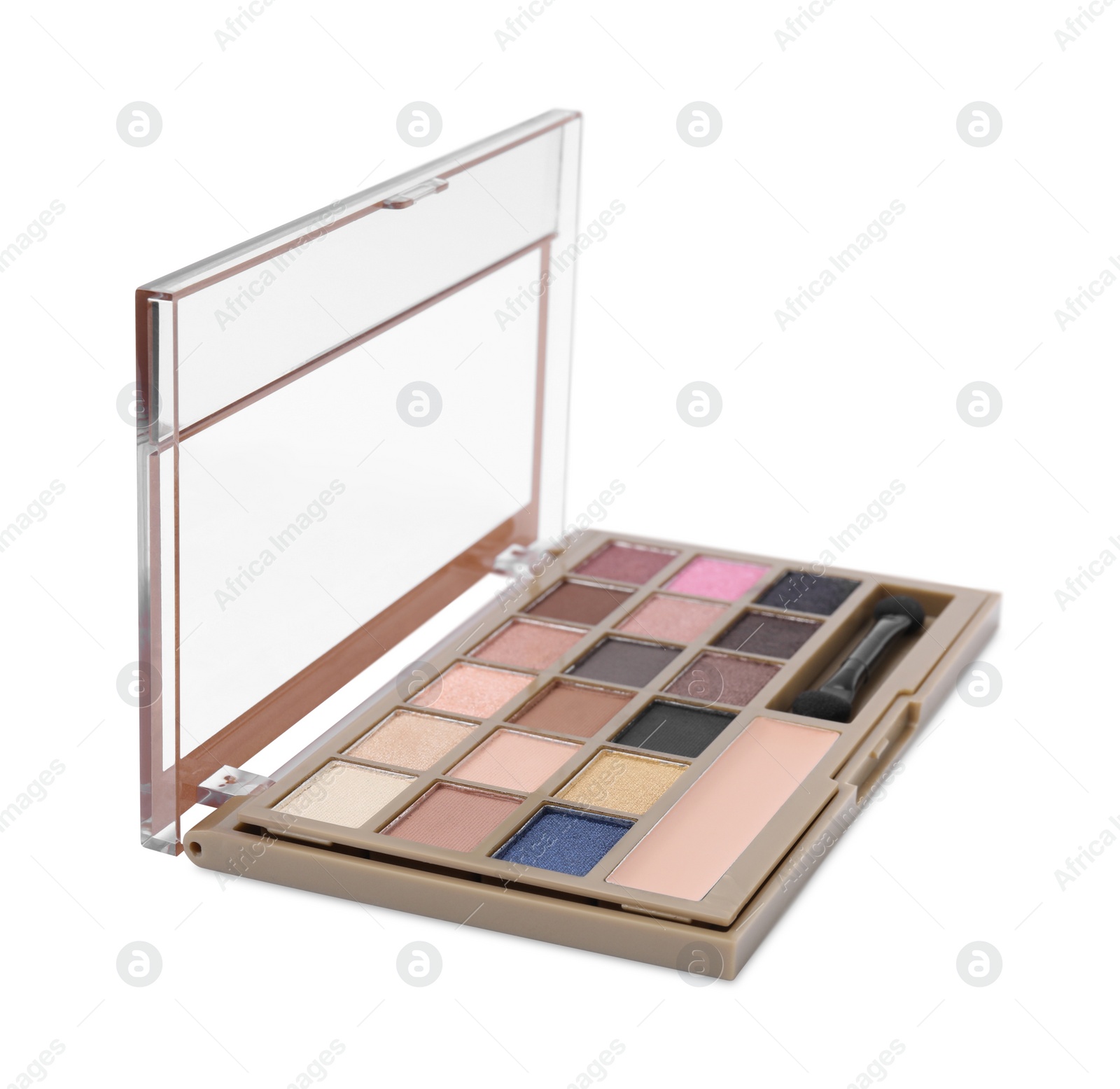 Photo of Beautiful eye shadow palette with brush isolated on white