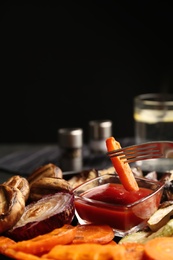 Delicious grilled vegetables and mushrooms served on grey table, closeup