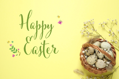 Image of Flat lay composition with quail eggs and text Happy Easter on light background