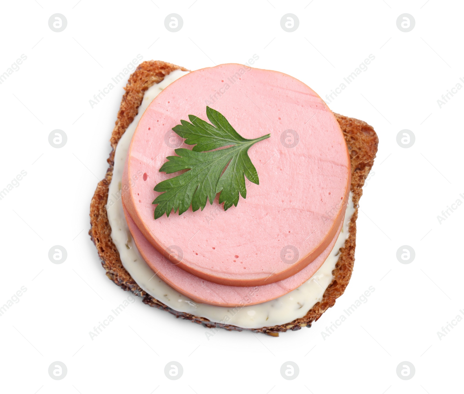 Photo of Delicious sandwich with boiled sausage, parsley and sauce isolated on white, top view