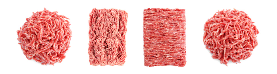 Image of Set with raw minced meat on white background, top view. Banner design 