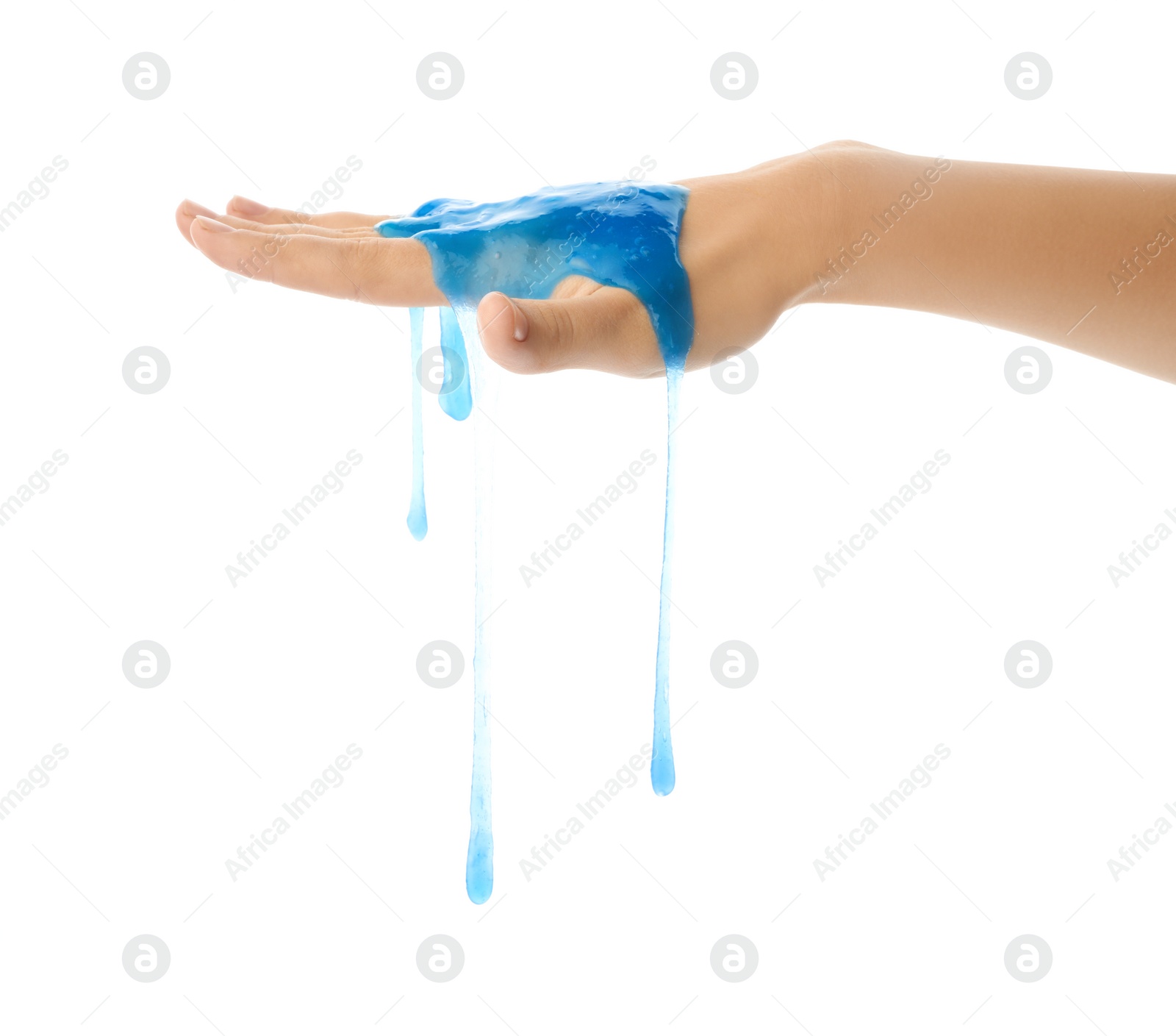 Photo of Woman playing with blue slime isolated on white, closeup. Antistress toy