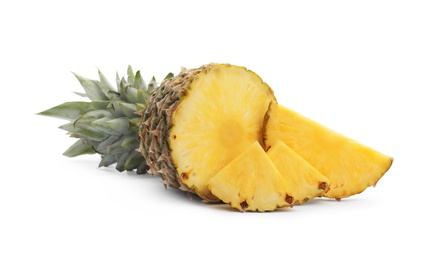 Tasty raw cut pineapple on white background