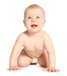 Photo of Cute little baby crawling on white background