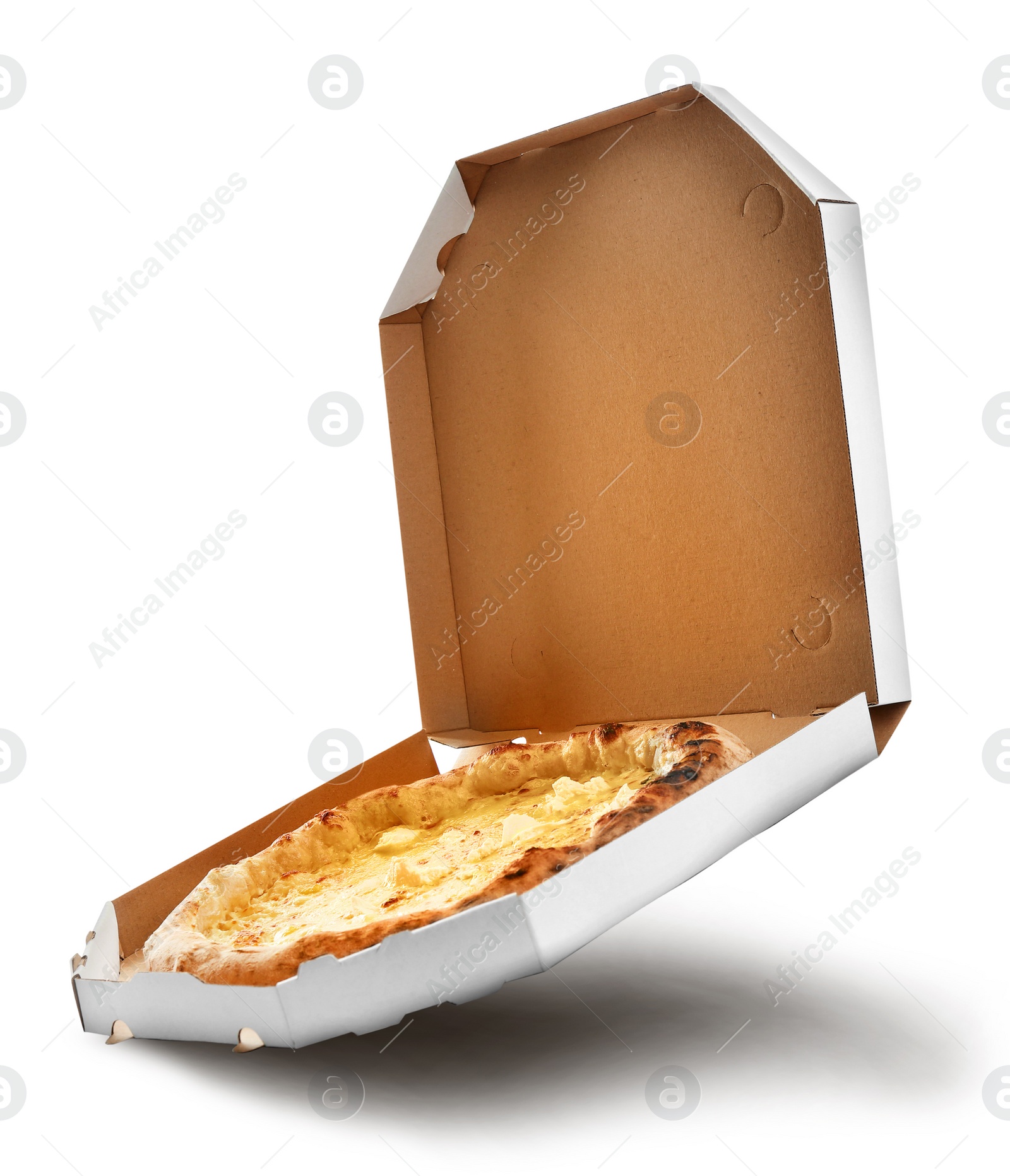 Image of Hot tasty cheese pizza in cardboard box on white background. Image for menu or poster