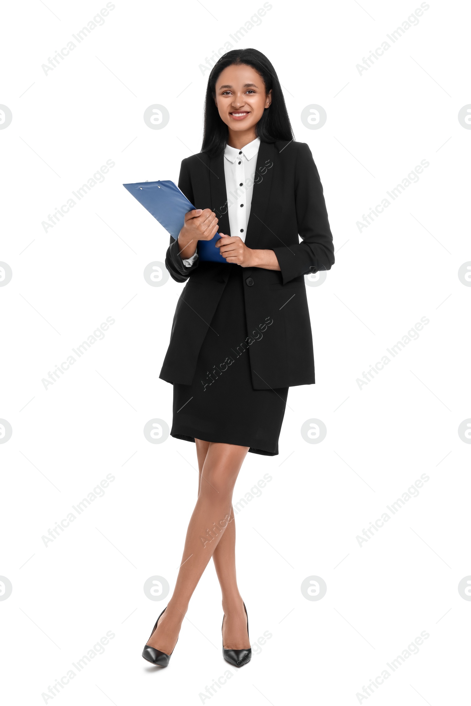 Photo of Beautiful secretary with clipboard on white background