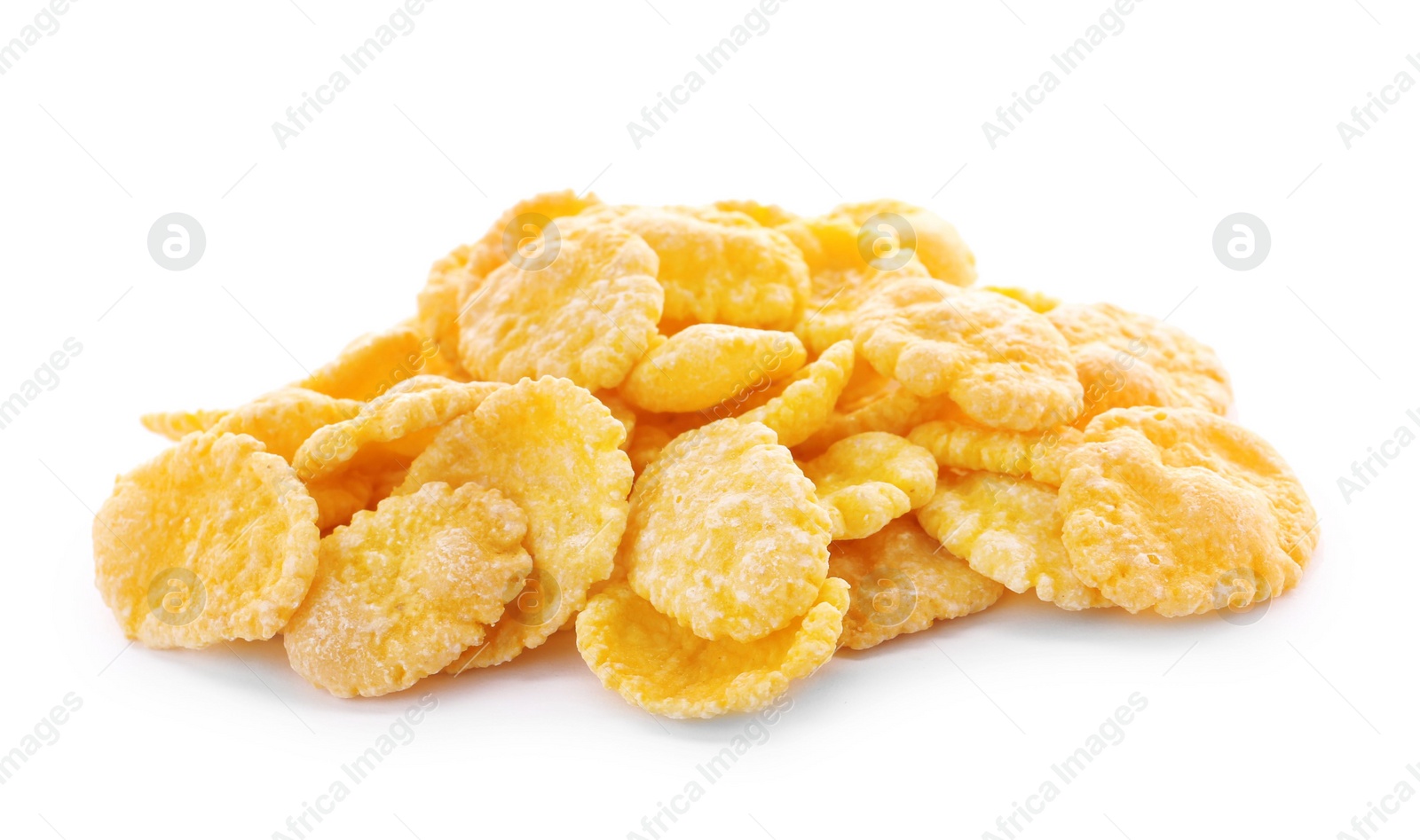 Photo of Pile of tasty corn flakes on white background