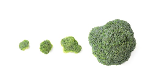 Photo of Flat lay composition with fresh green  broccoli on light background