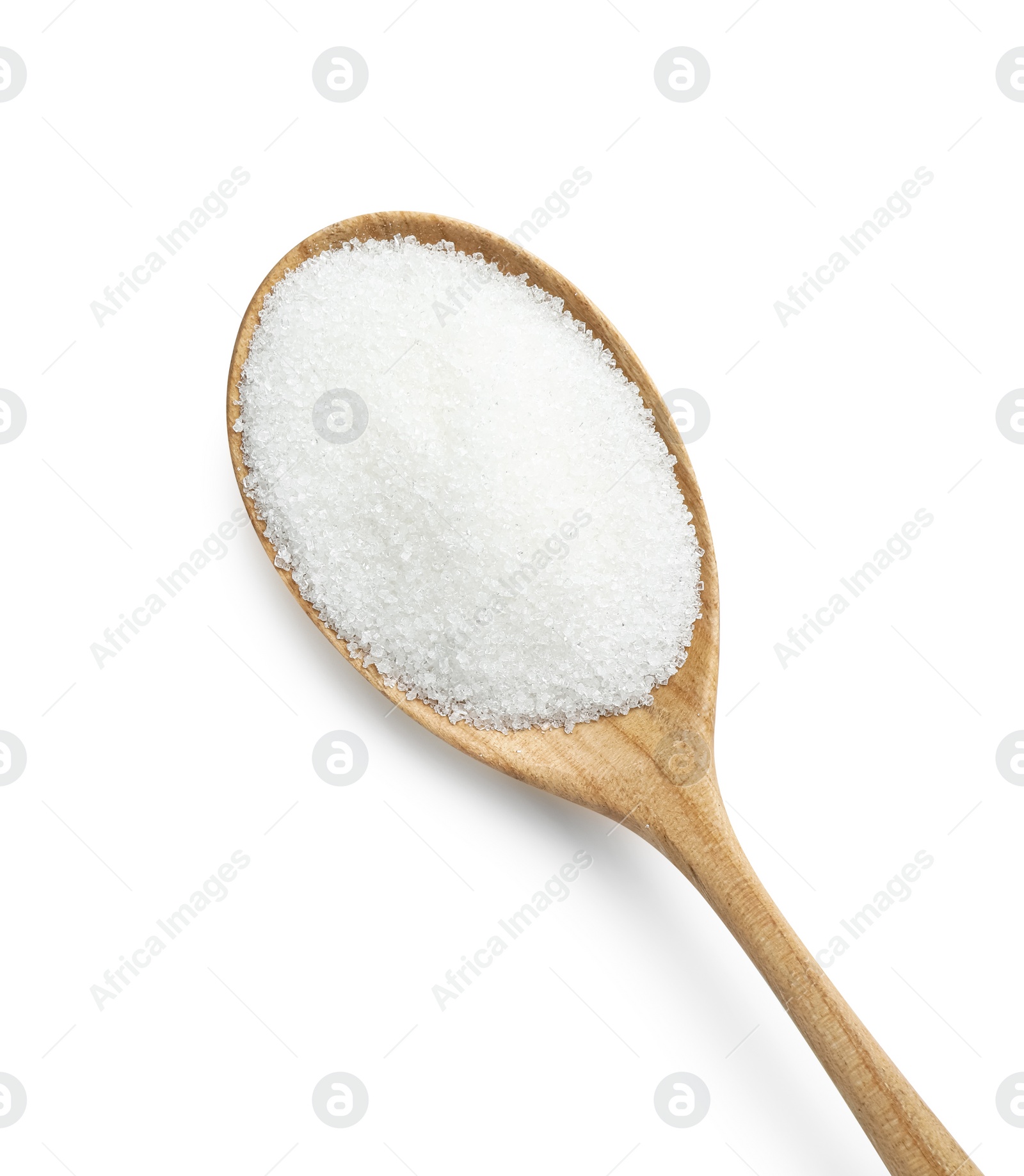 Photo of Spoon with sugar isolated on white, top view