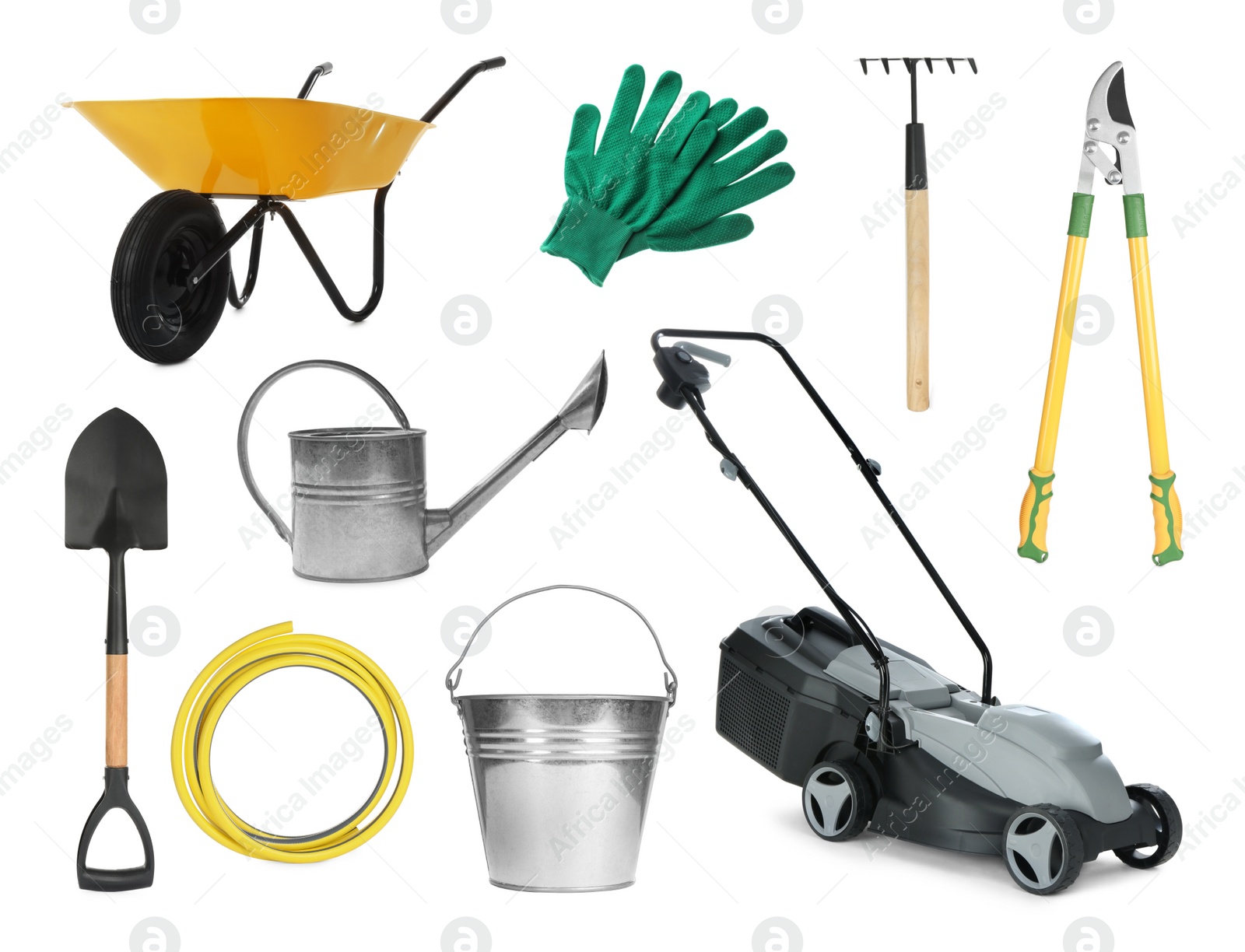 Image of Set with different gardening tools on white background