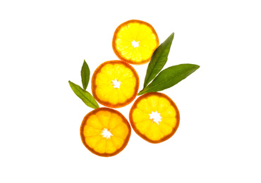 Photo of Slices of fresh ripe tangerines and leaves isolated on white, top view. Citrus fruit