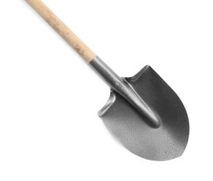 Photo of One new shovel with wooden handle isolated on white. Gardening tool