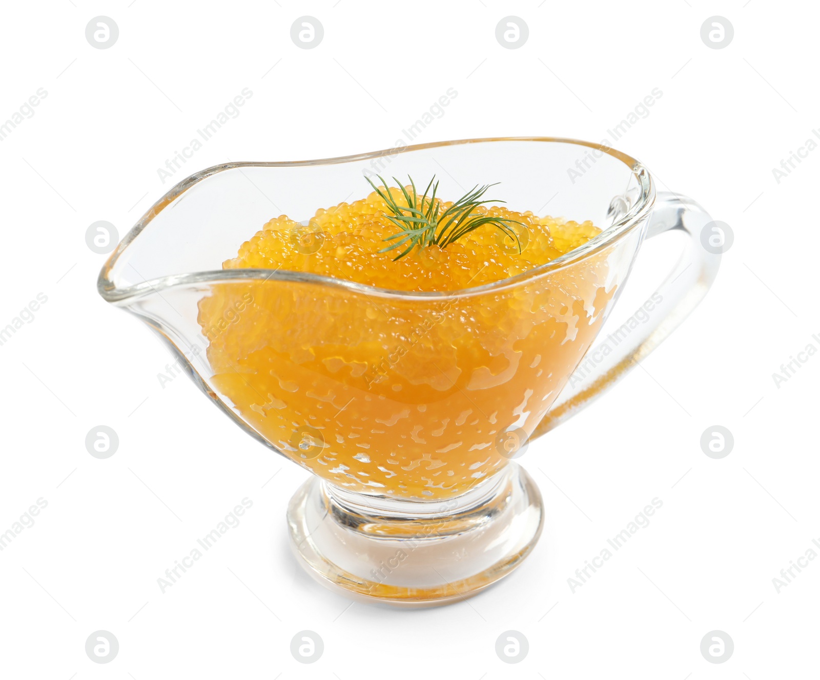 Photo of Fresh pike caviar and dill in gravy boat isolated on white