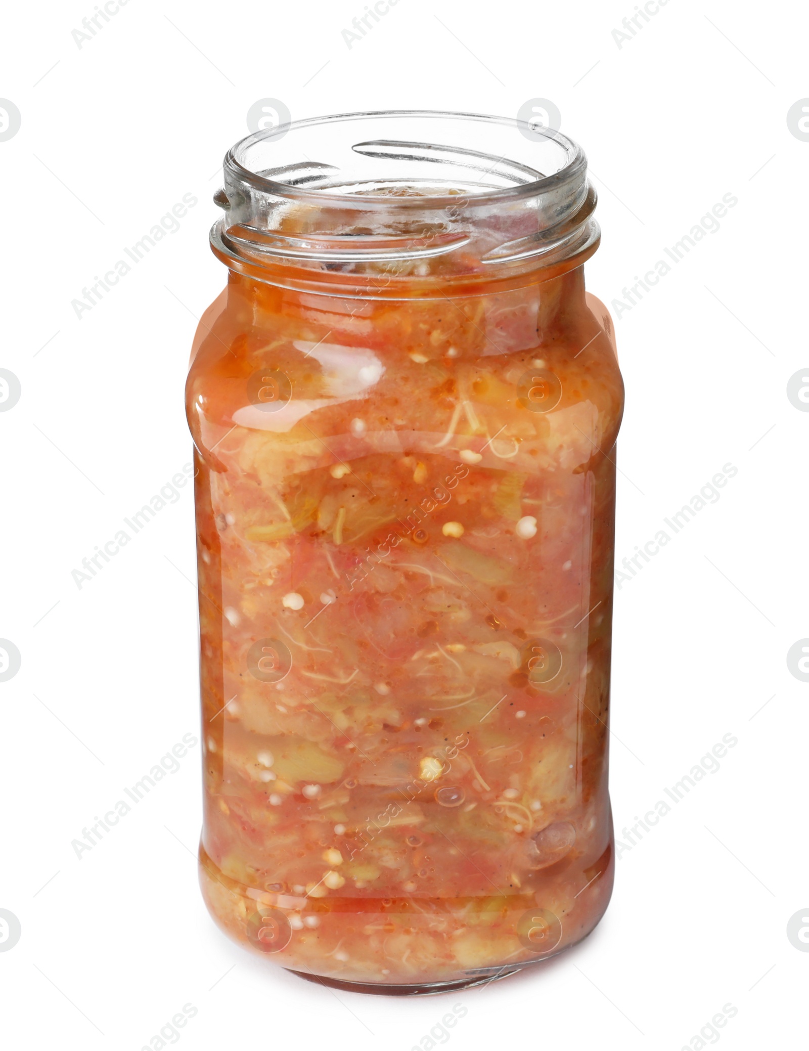 Photo of Jar with pickled vegetable sauce on white background