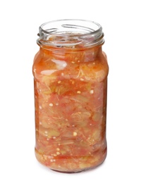 Jar with pickled vegetable sauce on white background