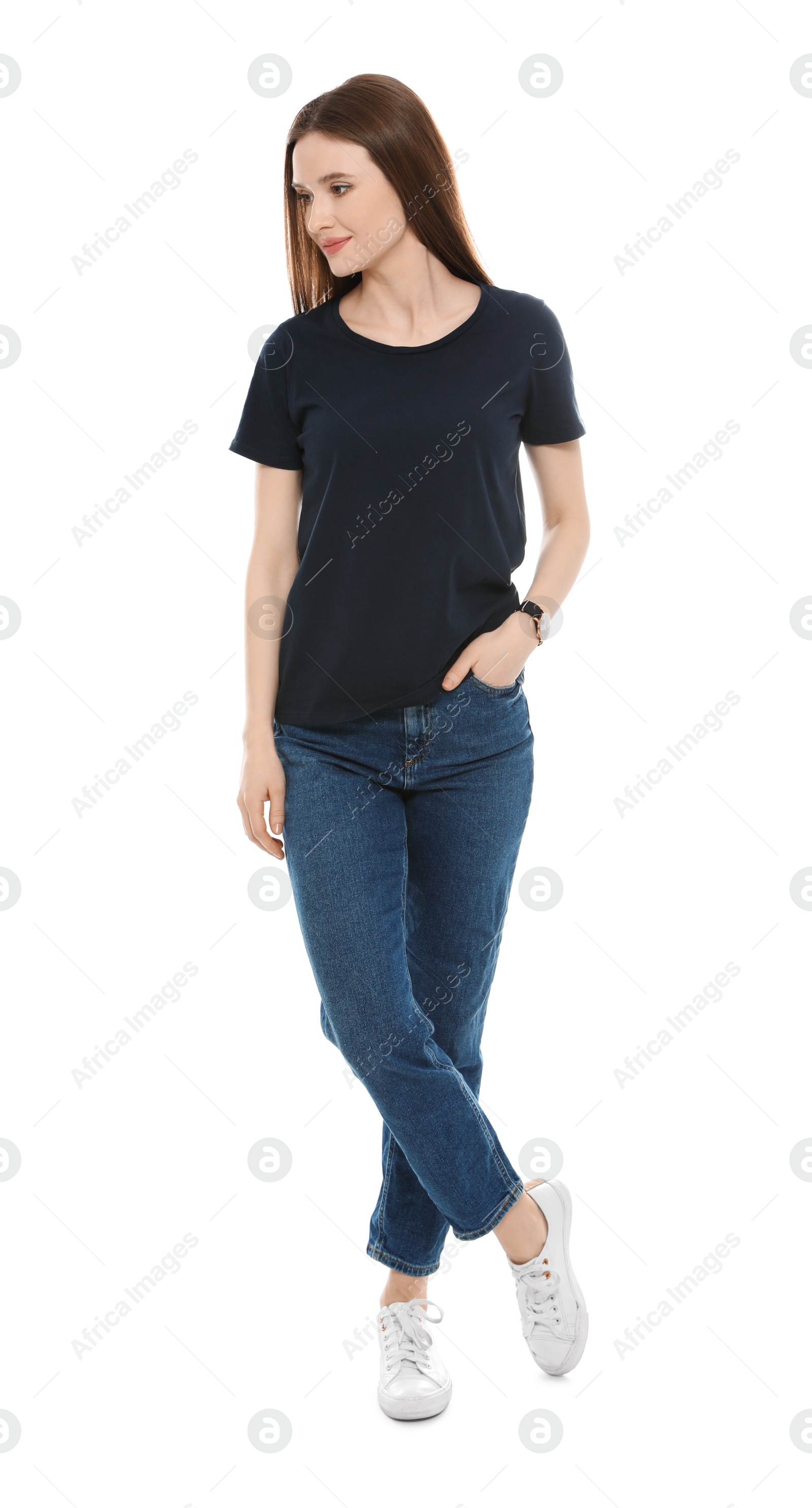 Photo of Young woman in t-shirt on white background. Mock up for design