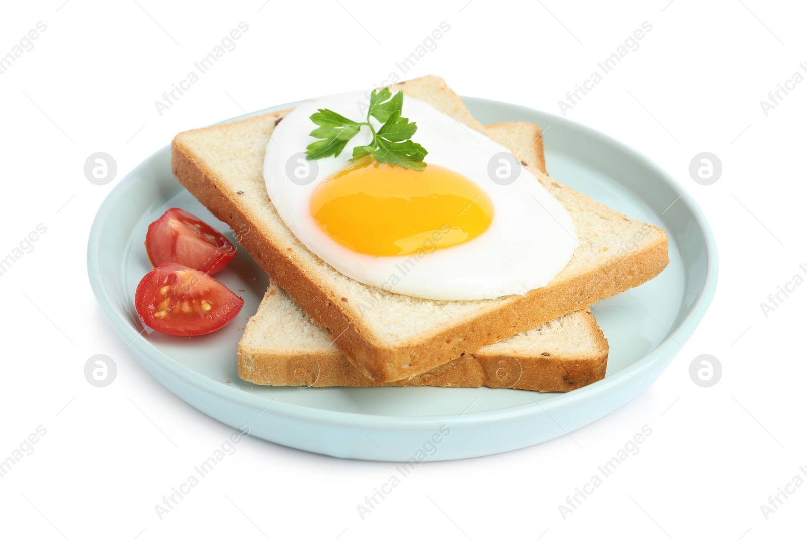 Photo of Tasty fried egg with bread and tomato isolated on white