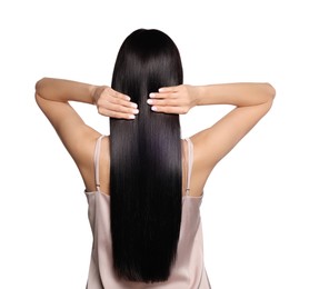 Photo of Woman with strong healthy hair on white background, back view