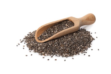 Wooden scoop and chia seeds on white background