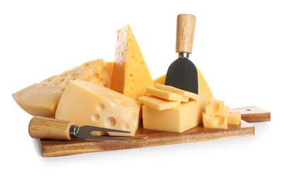 Photo of Different sorts of cheese, fork and knife on white background