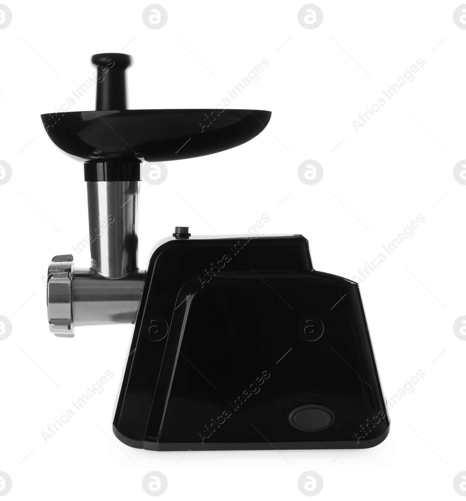 Photo of Stylish electric meat grinder isolated on white. Kitchen device