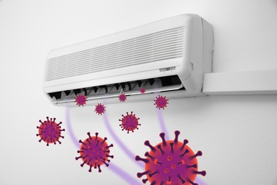 Image of Spreading of viruses. Contaminated air conditioner on white wall indoors