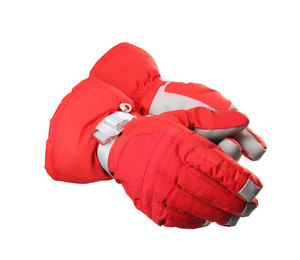 Photo of Woman wearing red ski gloves on white background, closeup. Winter sports clothes