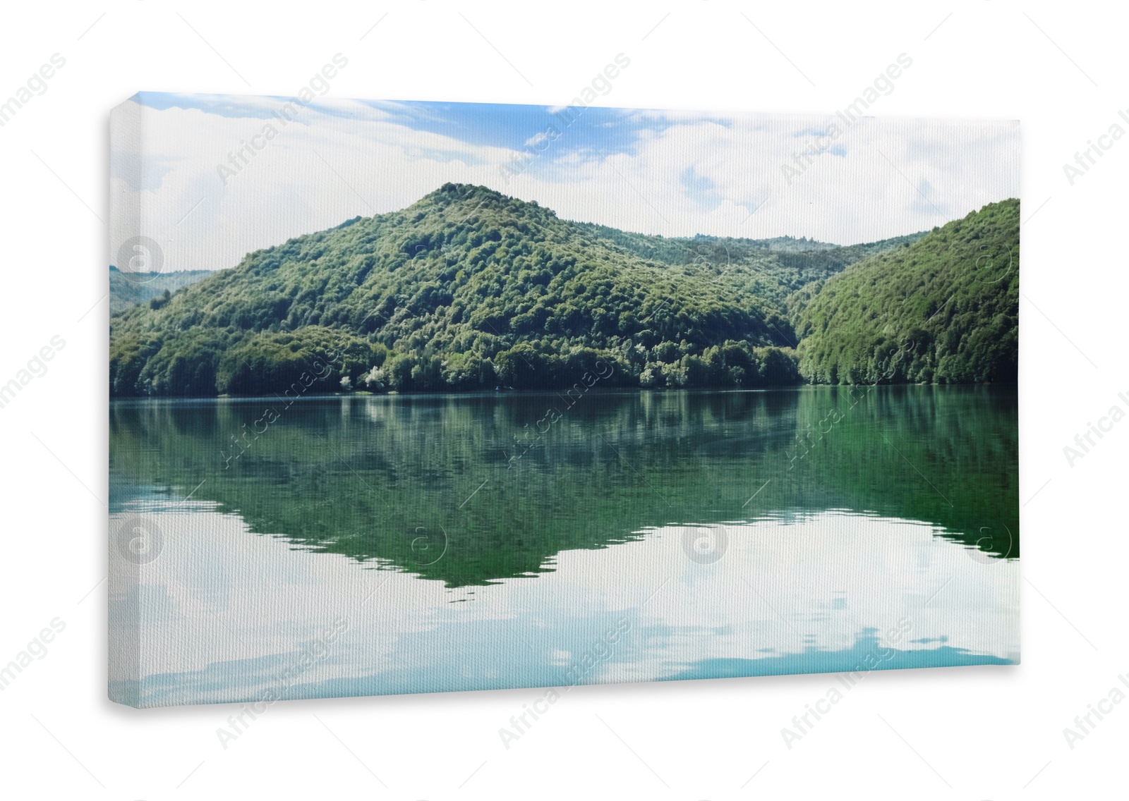 Image of Photo printed on canvas, white background. Picturesque view of beautiful lake surrounded by mountains on sunny day