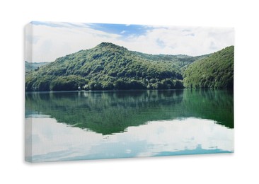 Photo printed on canvas, white background. Picturesque view of beautiful lake surrounded by mountains on sunny day