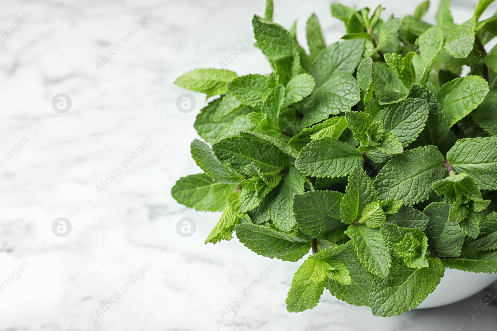 Photo of Bowl with fresh green mint on table. Space for text