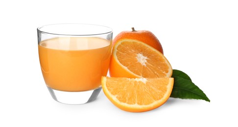 Photo of Orange juice, fresh fruits and green leaves on white background