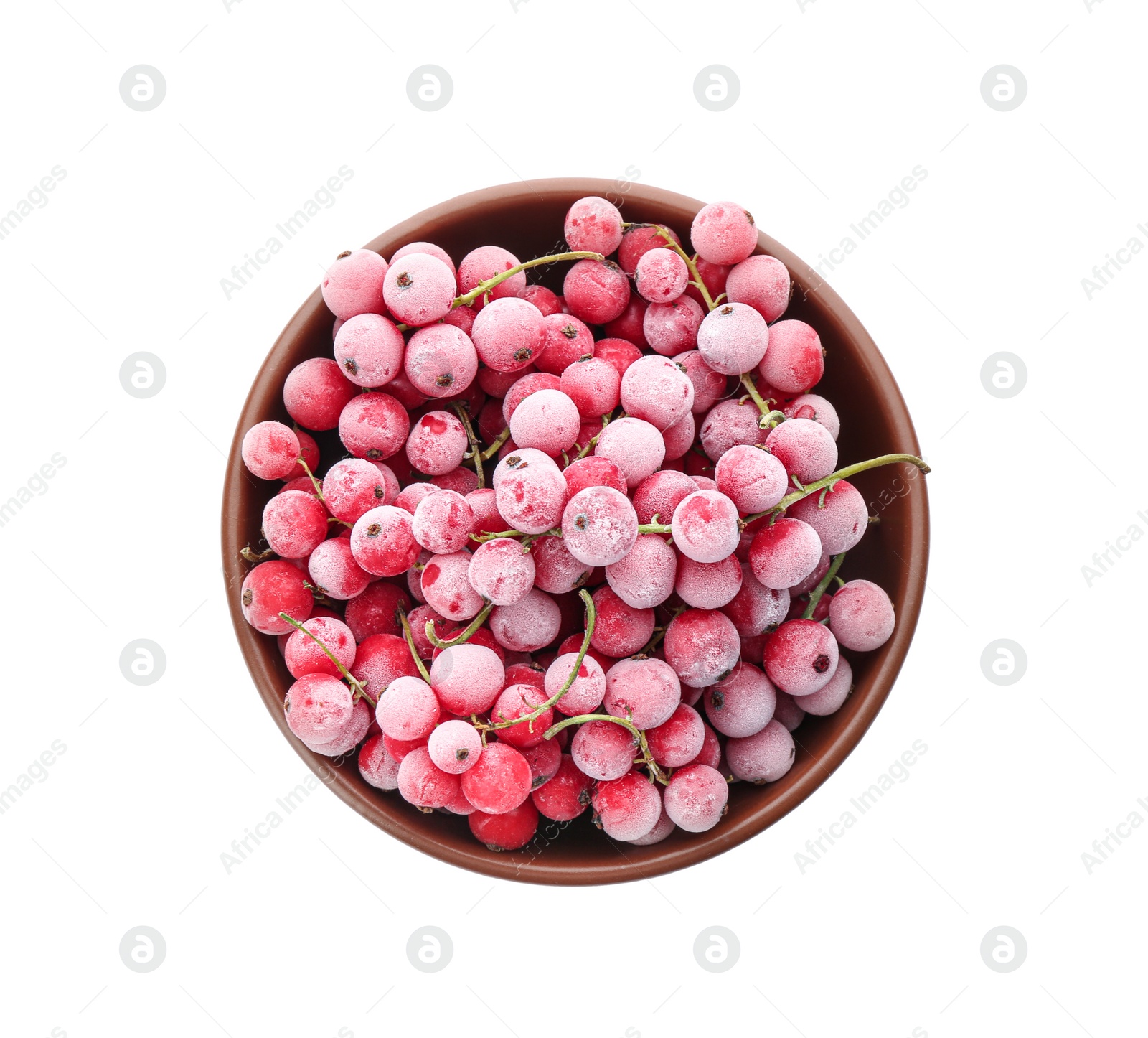 Photo of Tasty frozen red currants in bowl on white background, top view