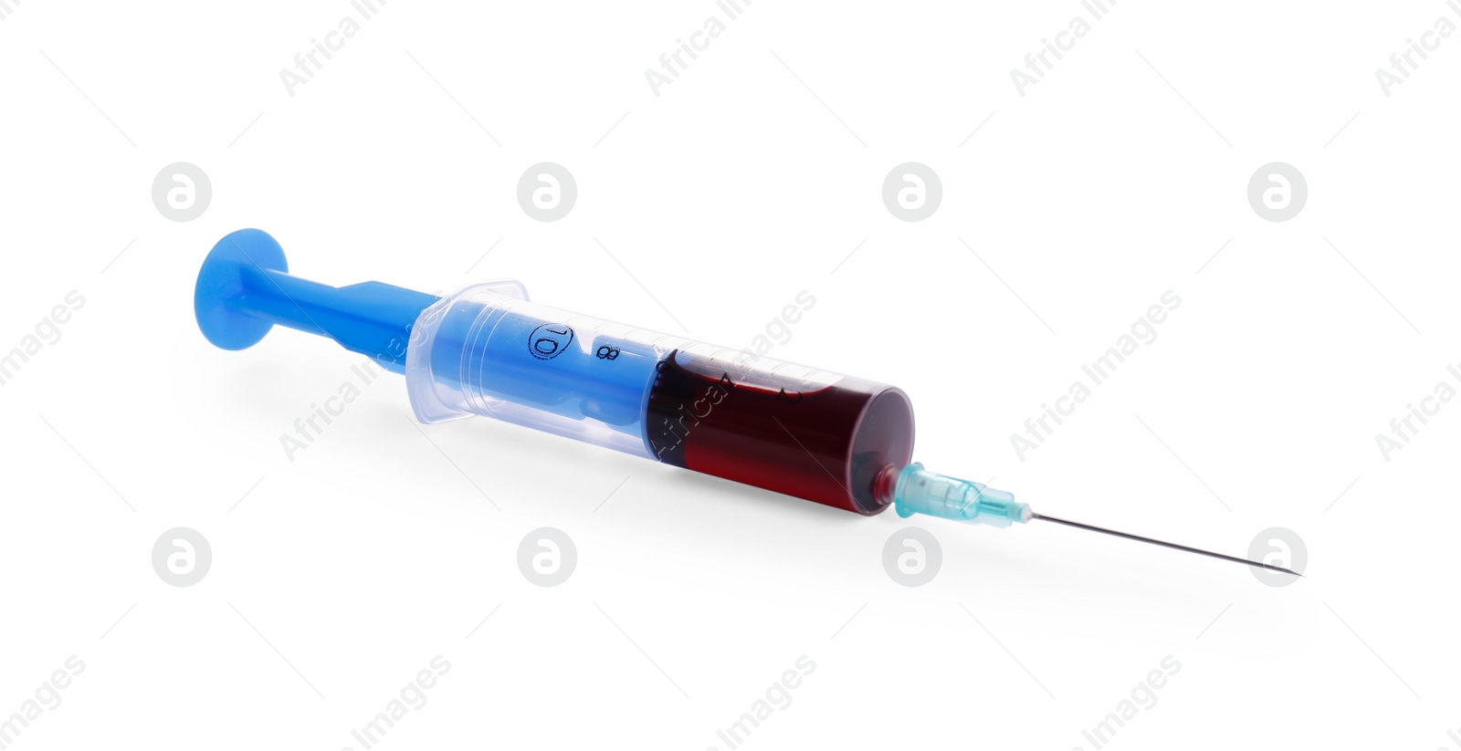 Photo of Plastic syringe with blood isolated on white