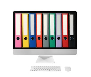 Image of Store and organize information. Modern computer with hardcover office folders on screen on white background